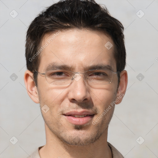 Joyful white adult male with short  brown hair and brown eyes