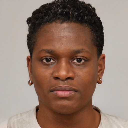 Neutral black young-adult female with short  brown hair and brown eyes