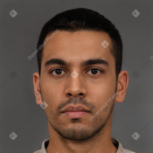 Neutral latino young-adult male with short  black hair and brown eyes