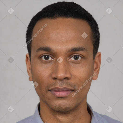 Neutral black young-adult male with short  black hair and brown eyes