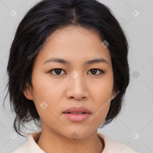 Neutral asian young-adult female with medium  brown hair and brown eyes