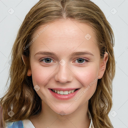 Joyful white child female with medium  brown hair and blue eyes