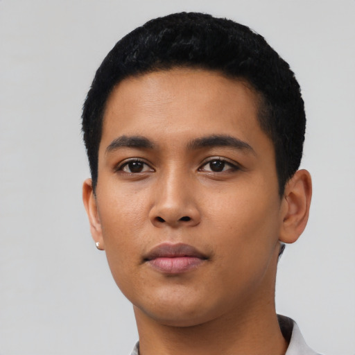 Neutral asian young-adult male with short  black hair and brown eyes