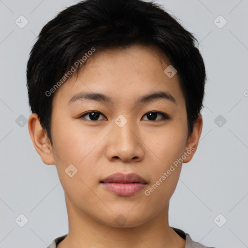 Neutral asian young-adult female with short  black hair and brown eyes