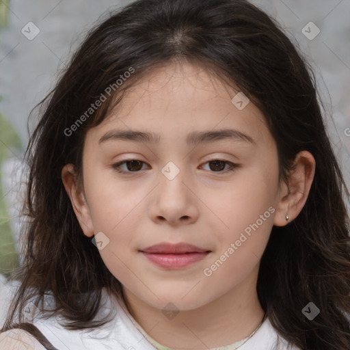 Joyful white child female with medium  brown hair and brown eyes