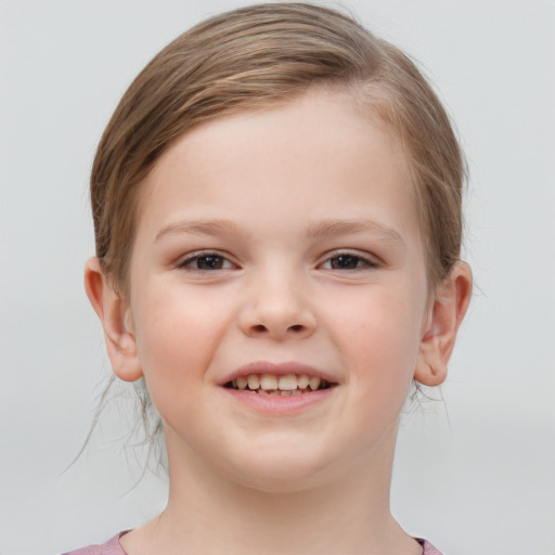 Joyful white child female with medium  brown hair and brown eyes