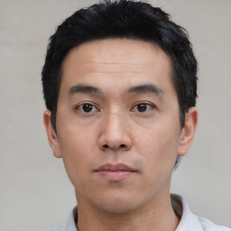 Neutral asian young-adult male with short  black hair and brown eyes