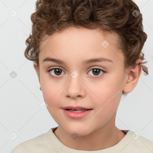 Joyful white child female with short  brown hair and brown eyes