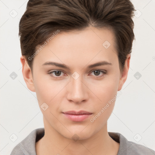 Neutral white young-adult female with short  brown hair and brown eyes