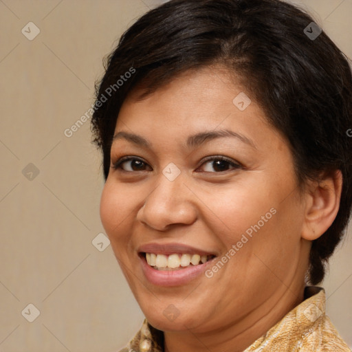 Joyful white adult female with medium  brown hair and brown eyes