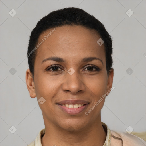 Joyful latino young-adult female with short  brown hair and brown eyes