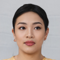 Neutral asian young-adult female with short  black hair and brown eyes