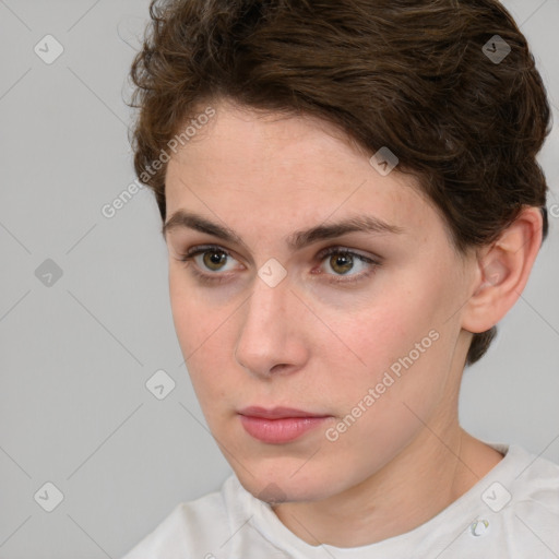 Neutral white young-adult female with short  brown hair and brown eyes