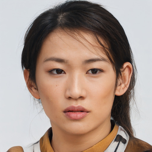 Neutral asian young-adult female with medium  brown hair and brown eyes