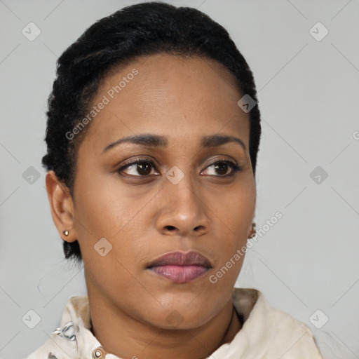 Neutral latino young-adult female with short  brown hair and brown eyes