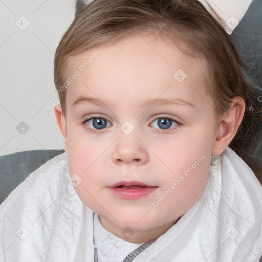 Neutral white child female with medium  brown hair and blue eyes