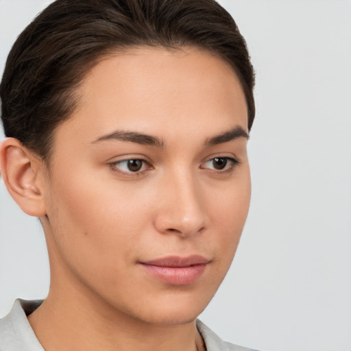 Neutral white young-adult female with short  brown hair and brown eyes