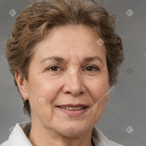 Joyful white middle-aged female with short  brown hair and brown eyes