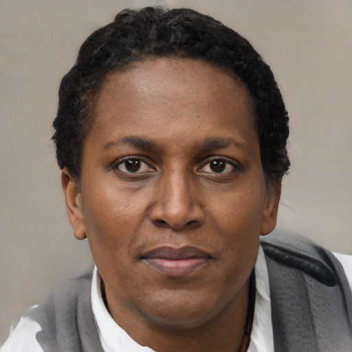 Joyful black adult female with short  black hair and brown eyes