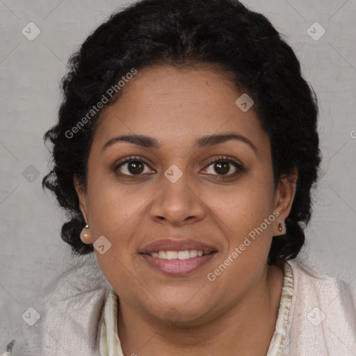 Joyful latino young-adult female with short  brown hair and brown eyes