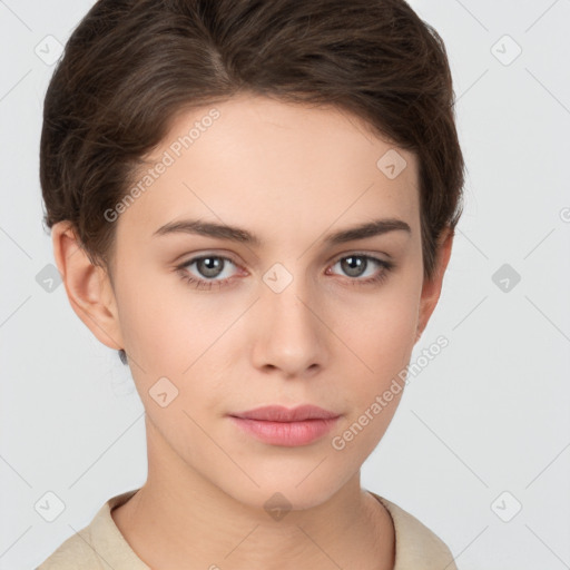 Neutral white young-adult female with short  brown hair and brown eyes