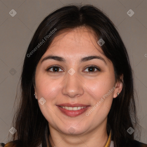 Joyful white adult female with long  brown hair and brown eyes