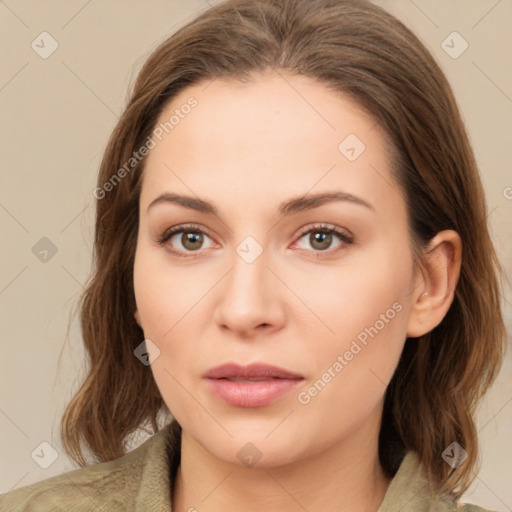 Neutral white young-adult female with medium  brown hair and brown eyes