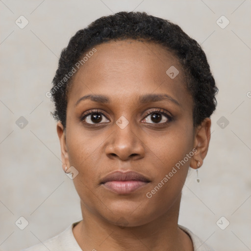 Neutral black young-adult female with short  black hair and brown eyes