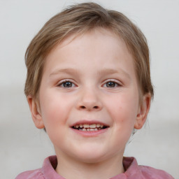 Joyful white child female with medium  brown hair and blue eyes