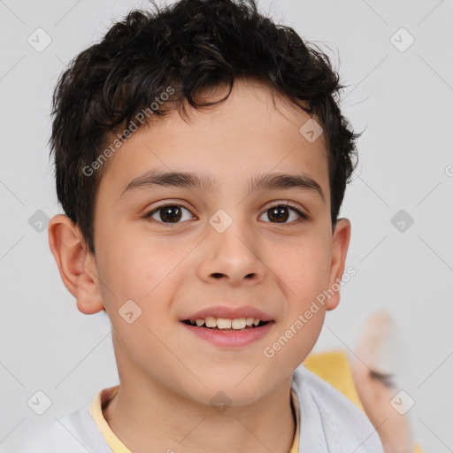 Joyful white child male with short  brown hair and brown eyes