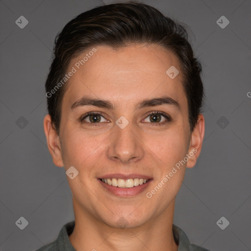 Joyful white young-adult female with short  brown hair and brown eyes