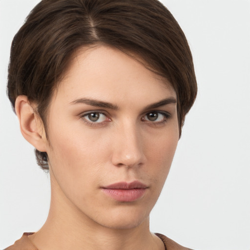 Neutral white young-adult female with short  brown hair and brown eyes