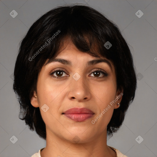 Joyful white young-adult female with medium  brown hair and brown eyes