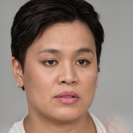 Joyful asian young-adult female with short  brown hair and brown eyes