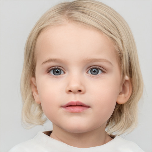 Neutral white child female with medium  brown hair and blue eyes