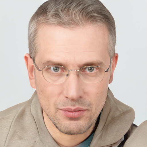 Neutral white adult male with short  brown hair and blue eyes