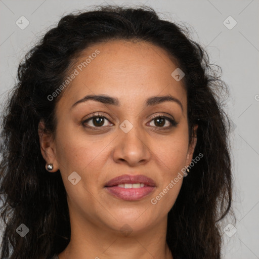 Joyful latino young-adult female with long  brown hair and brown eyes