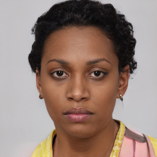 Neutral latino young-adult female with short  black hair and brown eyes