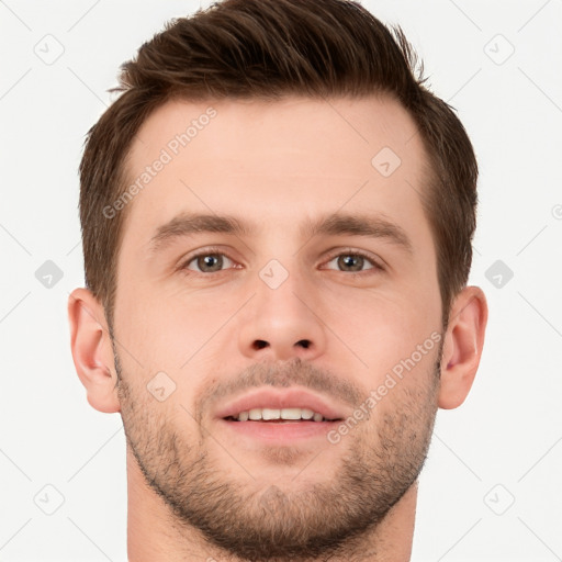 Joyful white young-adult male with short  brown hair and brown eyes