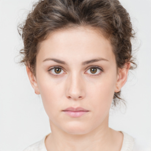 Neutral white young-adult female with short  brown hair and brown eyes