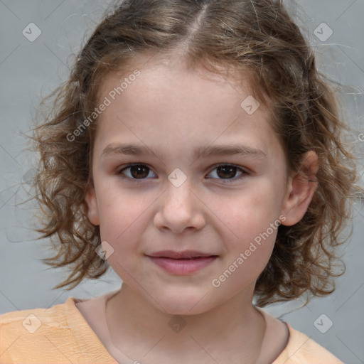 Joyful white child female with medium  brown hair and brown eyes