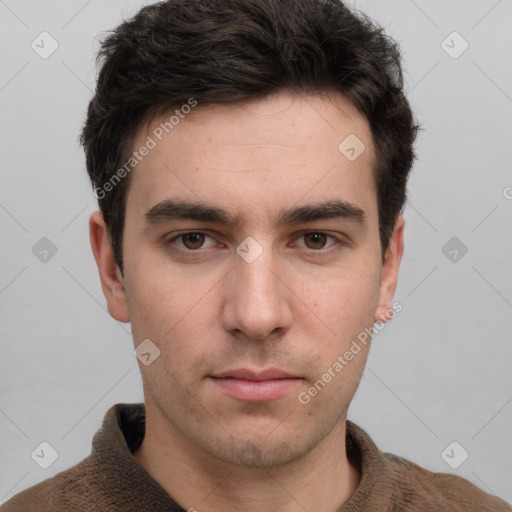 Neutral white young-adult male with short  brown hair and grey eyes