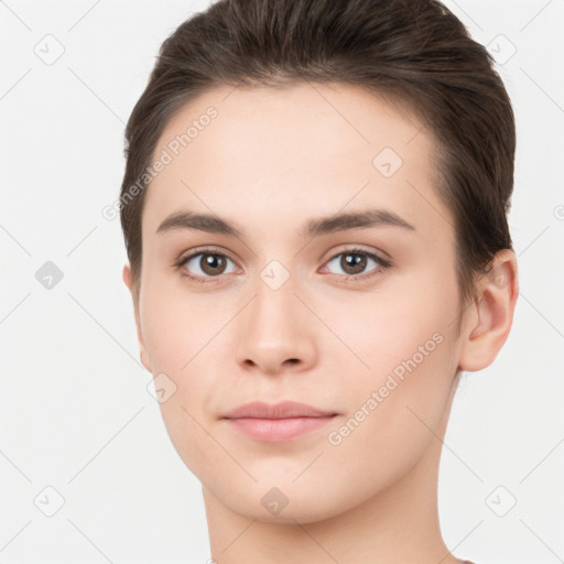 Neutral white young-adult female with short  brown hair and brown eyes