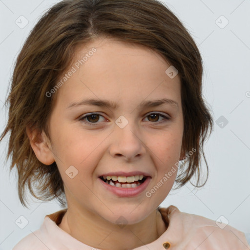 Joyful white child female with medium  brown hair and brown eyes