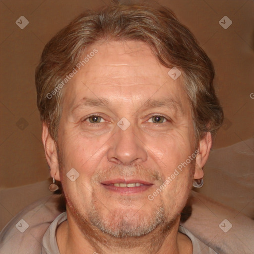 Joyful white middle-aged male with short  brown hair and brown eyes