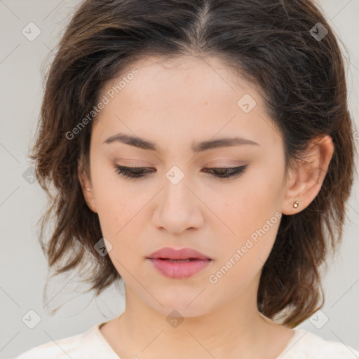 Neutral white young-adult female with medium  brown hair and brown eyes