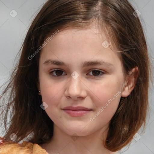 Joyful white child female with medium  brown hair and brown eyes