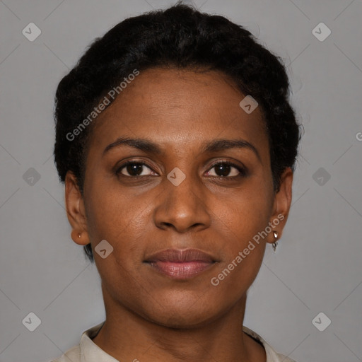 Joyful black young-adult female with short  brown hair and brown eyes