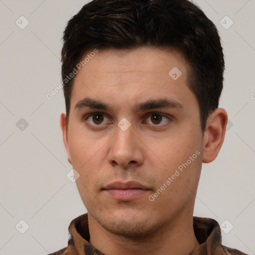 Neutral white young-adult male with short  brown hair and brown eyes