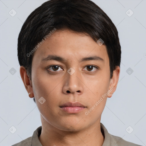 Neutral asian young-adult male with short  brown hair and brown eyes